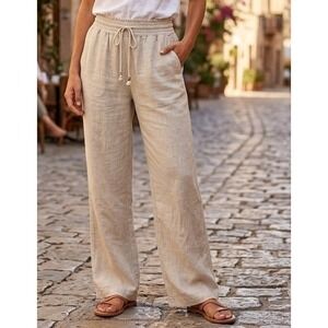 So Linen Blend Pants Women XL Khaki Stretch Boho Beach Coastal Rayon Wide LegNWT